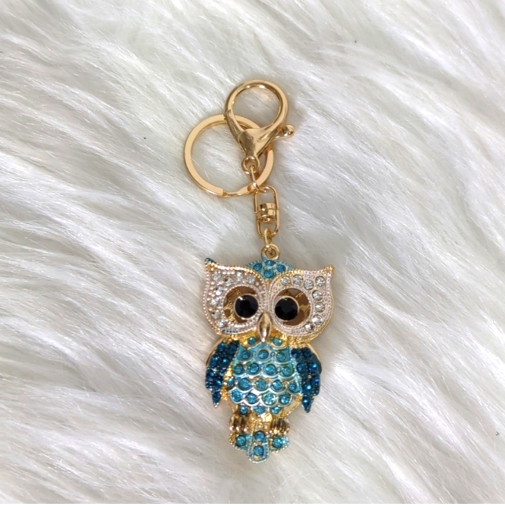 NEW Blue Crystal Gold Owl Purse Charm Key Chain